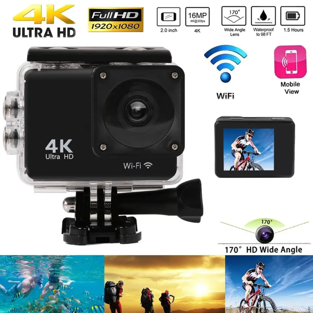 Спортивная экшн камера Ultra HD 4K/25fps Wi Fi 2 0 ° 170 °|Экшн-камеры| |