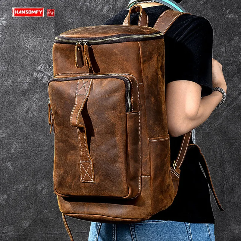 

Crazy Horse Leather Portable Men Backpack Retro Super Capacity Male Laptop Bag Outdoor climbing Travel Backpacks Bucket bags