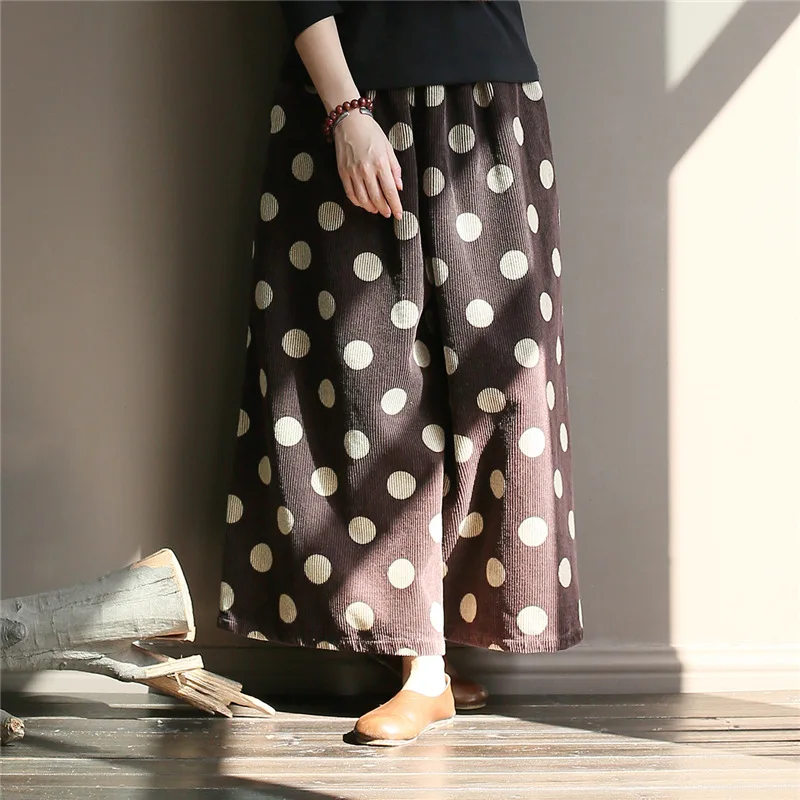 Johnature, женские вельветовые Широкие штаны, винтажные брюки с эластичным поясом, осень, новые повседневные Мягкие женские свободные штаны с принтом в горошек