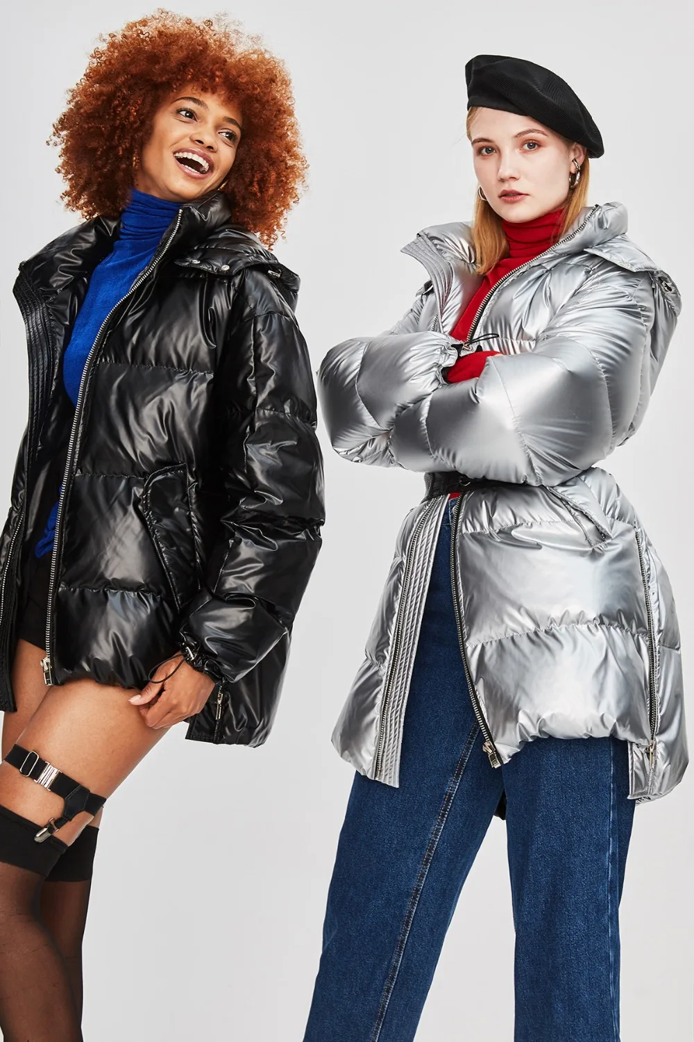 

Winter fashion brand glossy fabric hooded duck down coat female zipper stitching oversize super thicker warm down parkas wq597