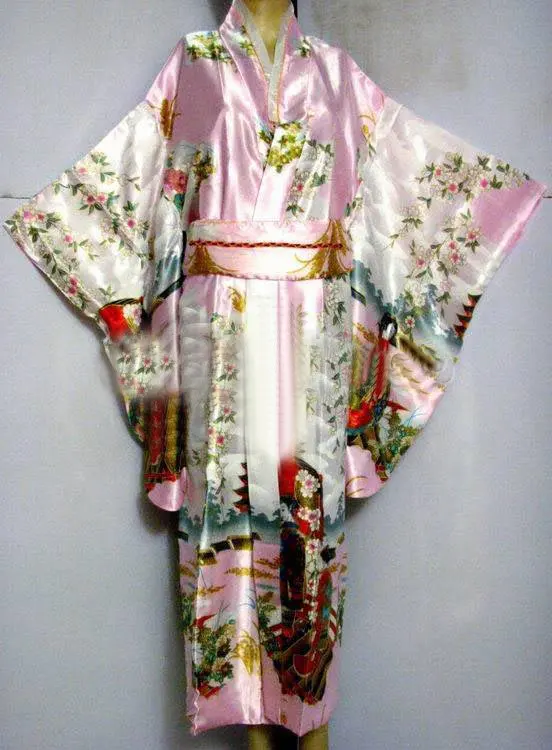 pink Розовое японское женское шелковое атласное кимоно юката вечернее платье Haori кимоно с Obi peri один размер H0016-C - Цвет: pink