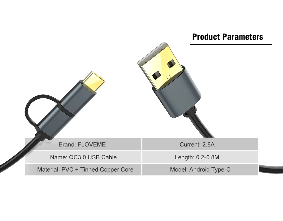 FLOVEME QC3.0 2 в 1 Micro usb type-C кабель для быстрой зарядки для Xiaomi mi8 пружинный usb type-c кабель для huawei samsung 2.8A