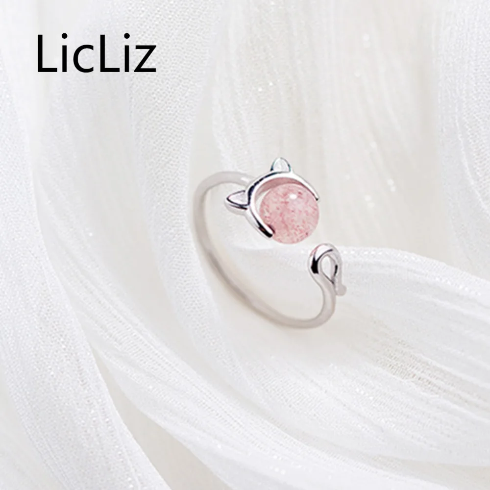 LicLiz новые 925 пробы серебряные кошечки для женщин розовый клубничный кварц милые животные Белое золото открытое регулируемое кольцо LR0698 (art.: 7acd2f25c) - 7acd2f25c