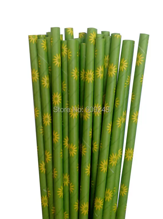

100pcs Mixed Colors Yellow Daisy Printed Green Paper Straws, Cheap Cute Floral Party Supplies Paper Drinking Straws Bulk