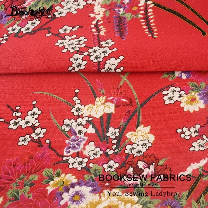 Тканевая ткань Booksew из натурального хлопка и льна с цветочным принтом красная для