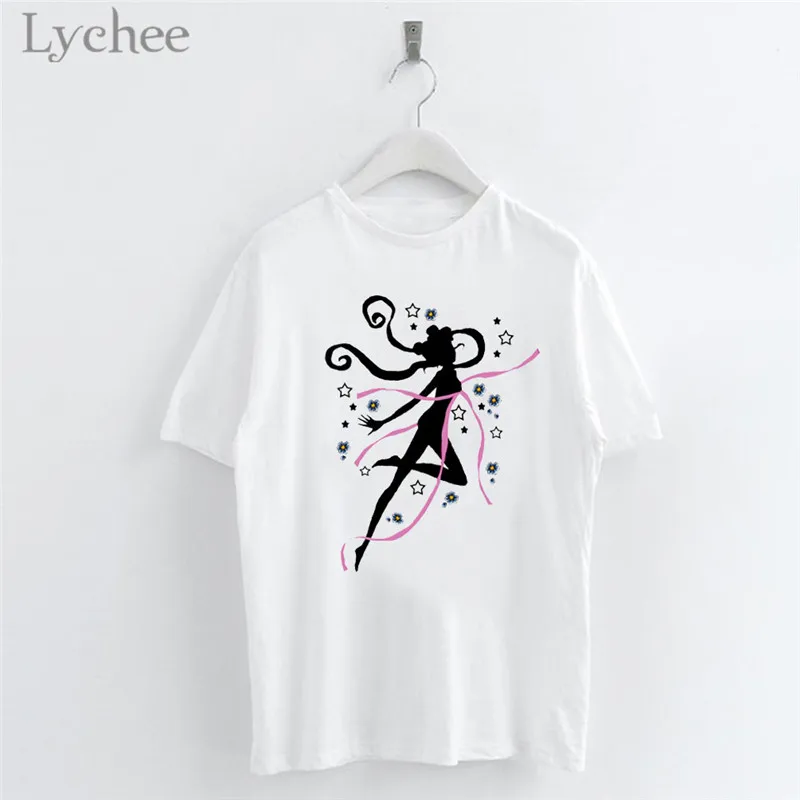 Lychee Harajuku Сейлор Мун мультфильм Печать Женская футболка повседневная с коротким рукавом o-образным вырезом белая футболка женский топ