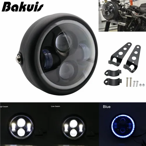 blue halo Black 6,5 дюймов мотоциклетный гриль головной светильник с Bracktes мотоцикл ретро-фары мотор мото скутер винтажный передний светильник круглая лампа - Цвет: blue halo Black