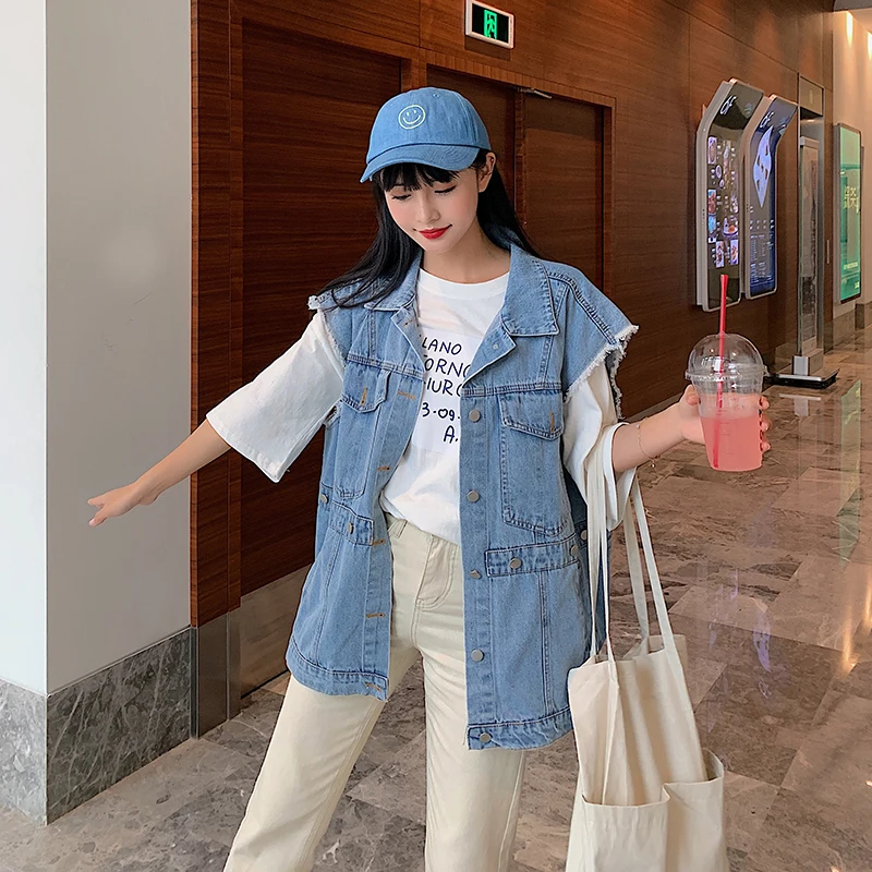 

Spring Summer Short Denim Women's Vest 2020 Casual Slim Single Breasted colete feminino Sleeveless Jeans Jackets Coats