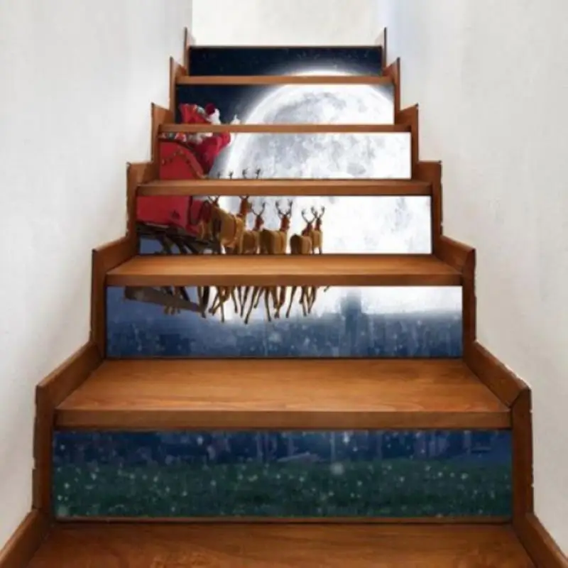 

DIY 6pcs Christmas Moon Reindeer Self-adhesive Stair Stickers Xmas Home Decor 3D PVC