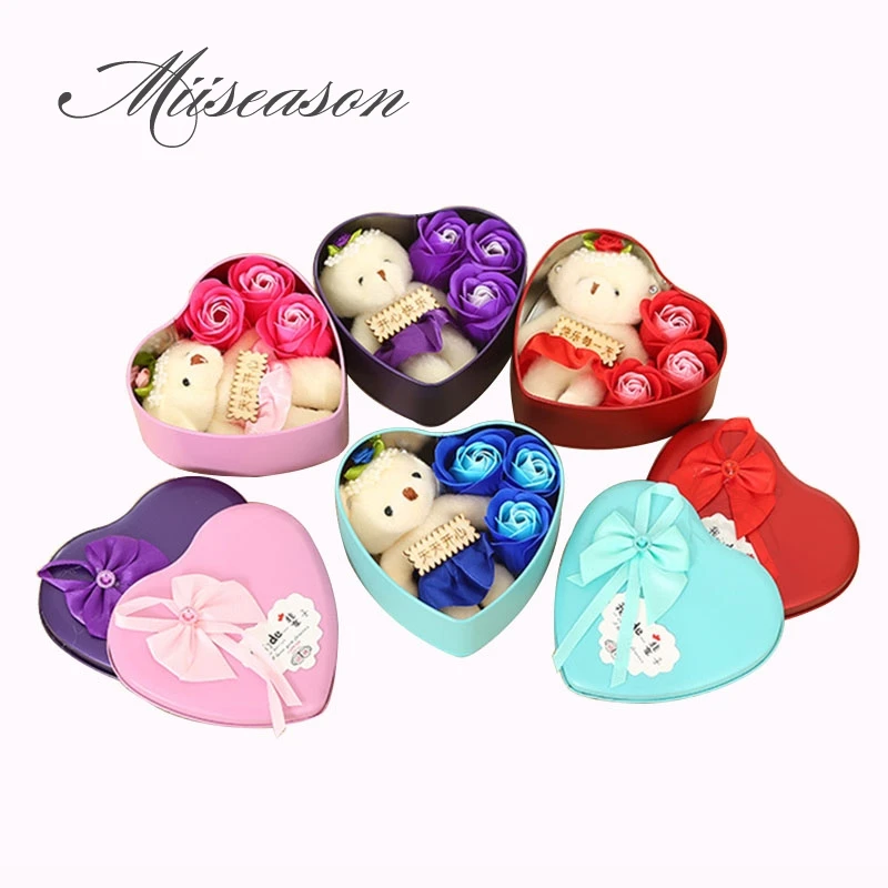 Мыло в виде Розы с маленьким медведем жестяной коробке 3 шт. 1 набор подарок на