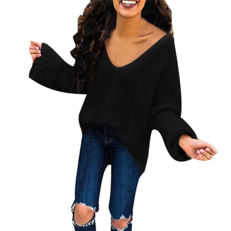 Женский Свободный Повседневный однотонный вязаный пуловер с глубоким V-образным
