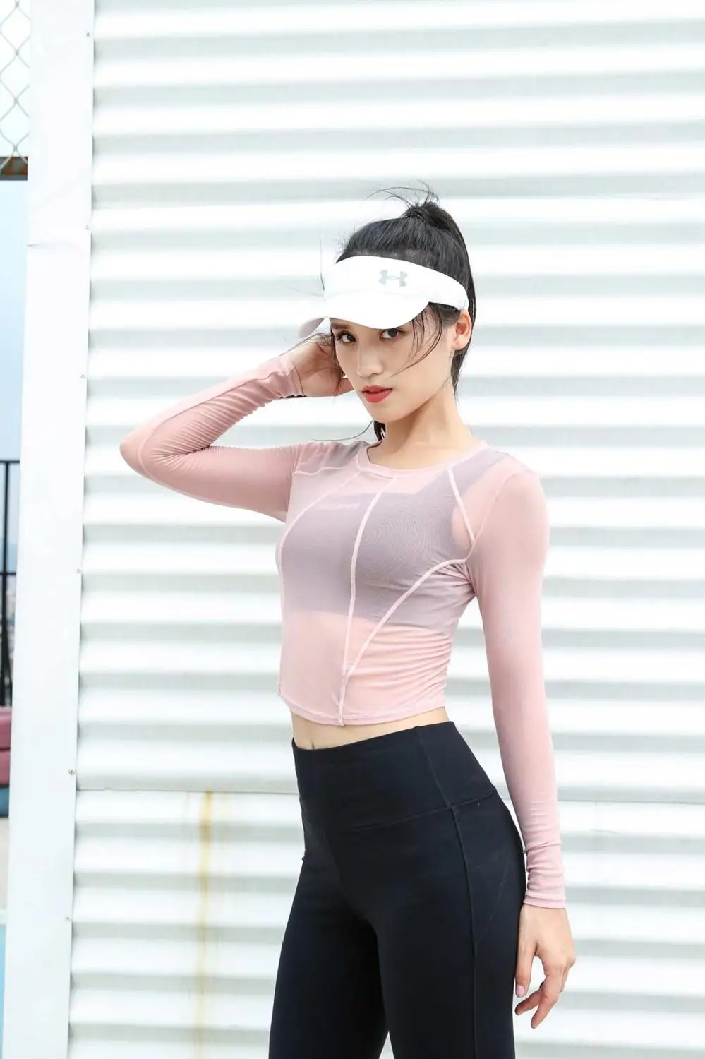 Pink Новая женская футболка с круглым вырезом и длинным рукавом, облегающая быстросохнущая одежда, дышащая сетчатая футболка для фитнеса - Цвет: Pink