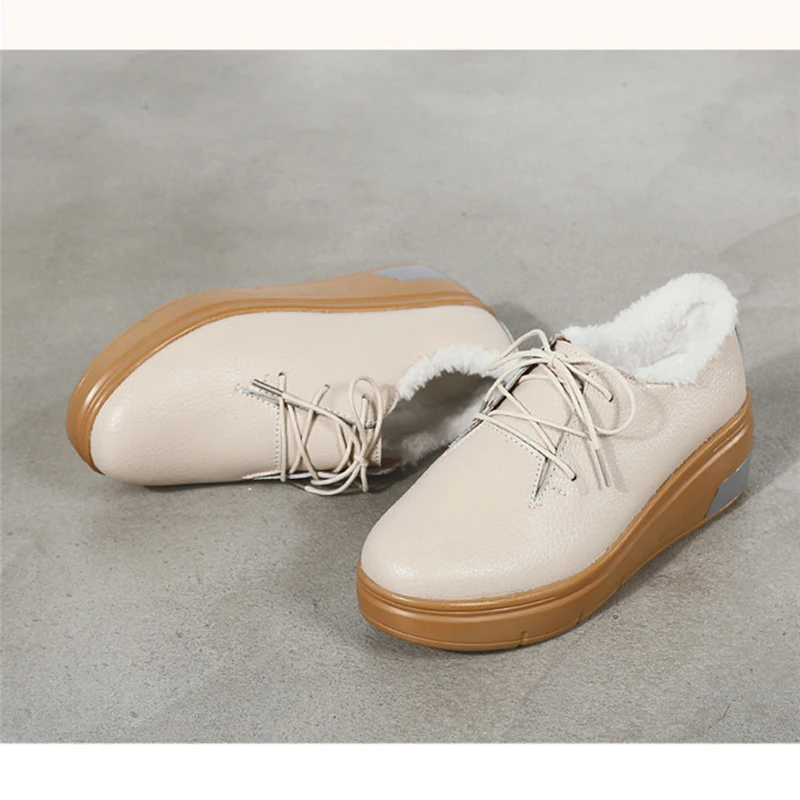 

CEYANEAOWinterNew Women Flat Platform Concise Fashion Cotton Wool Shoes Genuine Leather Lace Up Flats Shoes For Woman ShoesE1046