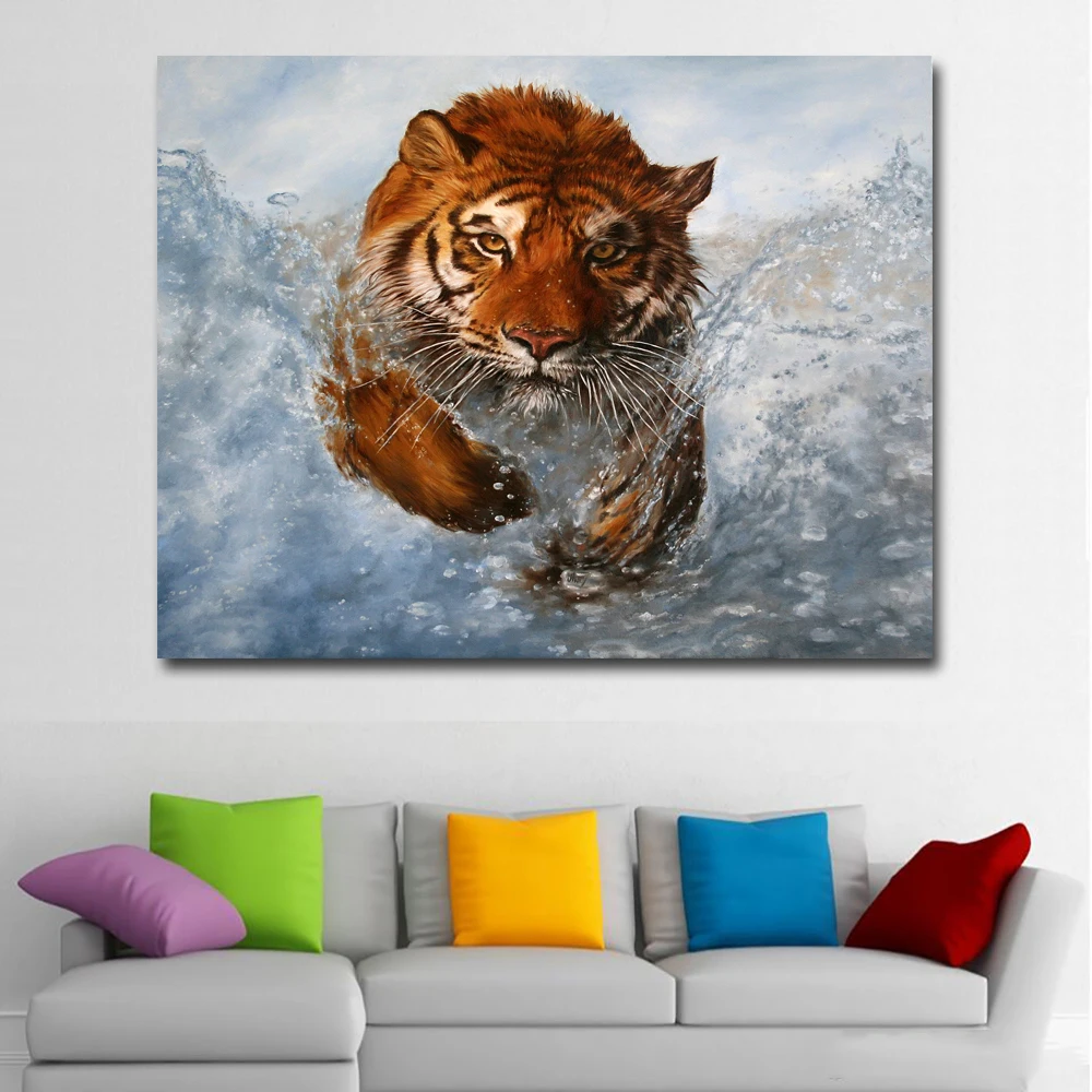 HD живопись с тигром бегущая в воде настенная Художественная печать картины на