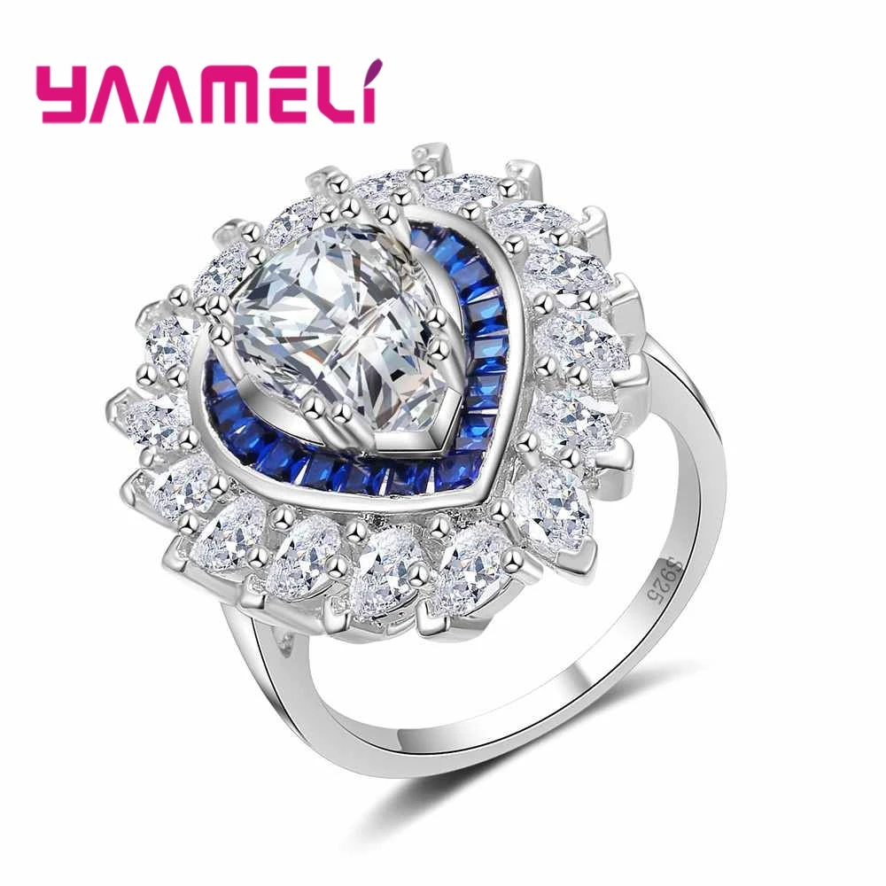

Big White/Blue Crystal Ring Mystic Shape Paved Full Zircon Stone 925 Sterling Silver Anniversary Jewelry For Noble Women