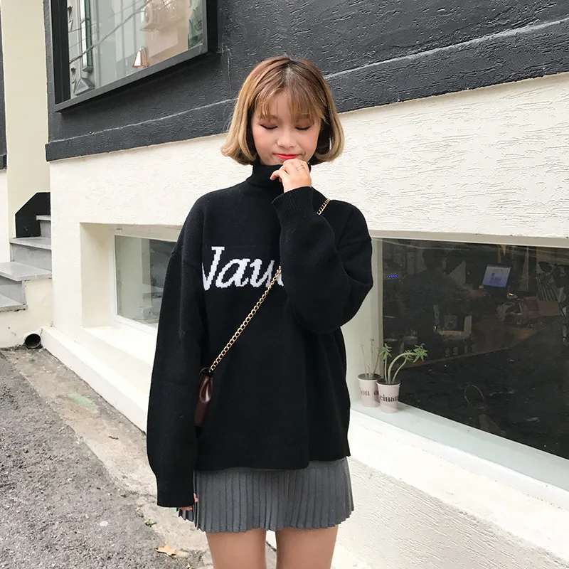 Женский вязаный свитер-водолазка Свободный пуловер с надписью зимний топ 2018 |