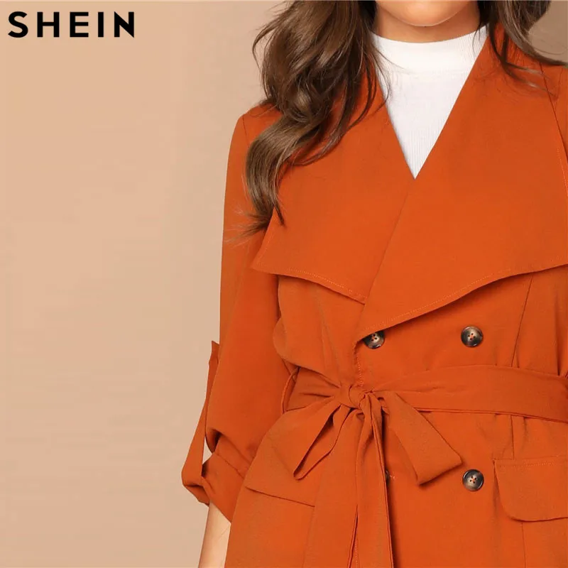 SHEIN Укороченный Плащ С Поясом И Пуговицами, Жакет С Длинным Рукавом, Легкое Двубортное Пальто