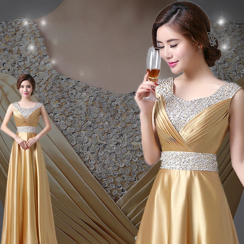 N20148 Long Satin Beading Gold Bridesmaid Dresses Women Floor Length Gown Royal Blue Champagne Red Purple Wedding Party Dress
