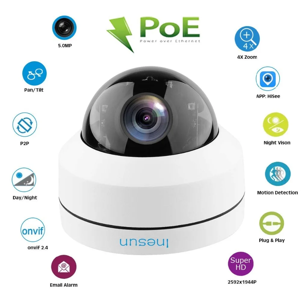 Inesun наружная POE PTZ IP камера безопасности 5MP Super HD 2592x1944p 4X оптический зум PTZ камера IP66 Водонепроницаемая IK10 Антивандальная