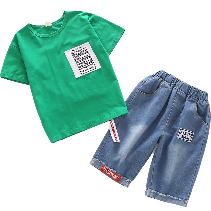 High Quality Boutique Kids Clothing Set Teenage School Boys Sport Suit Cotton Green/red/white Tshirts + Denim Shorts 2 Pcs Sets |