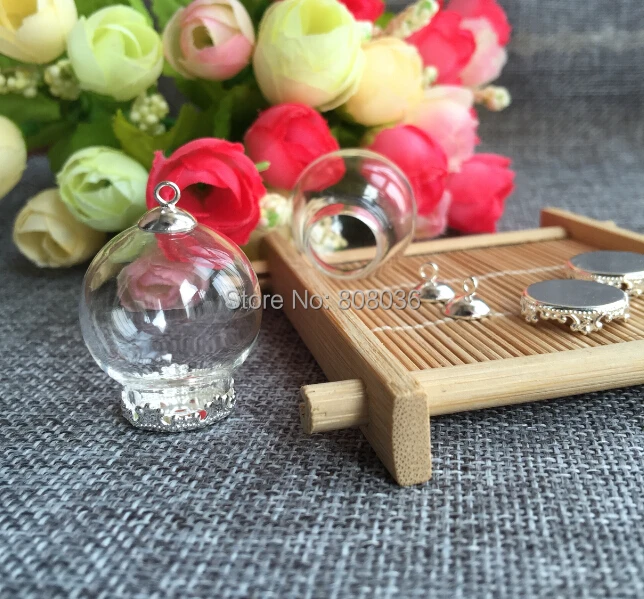 

Free shipping 20sets/lot silver color 25*15mm DIY Small Clear Cloche Glass Bottle Pendant silver plated Apothecary Terrarium