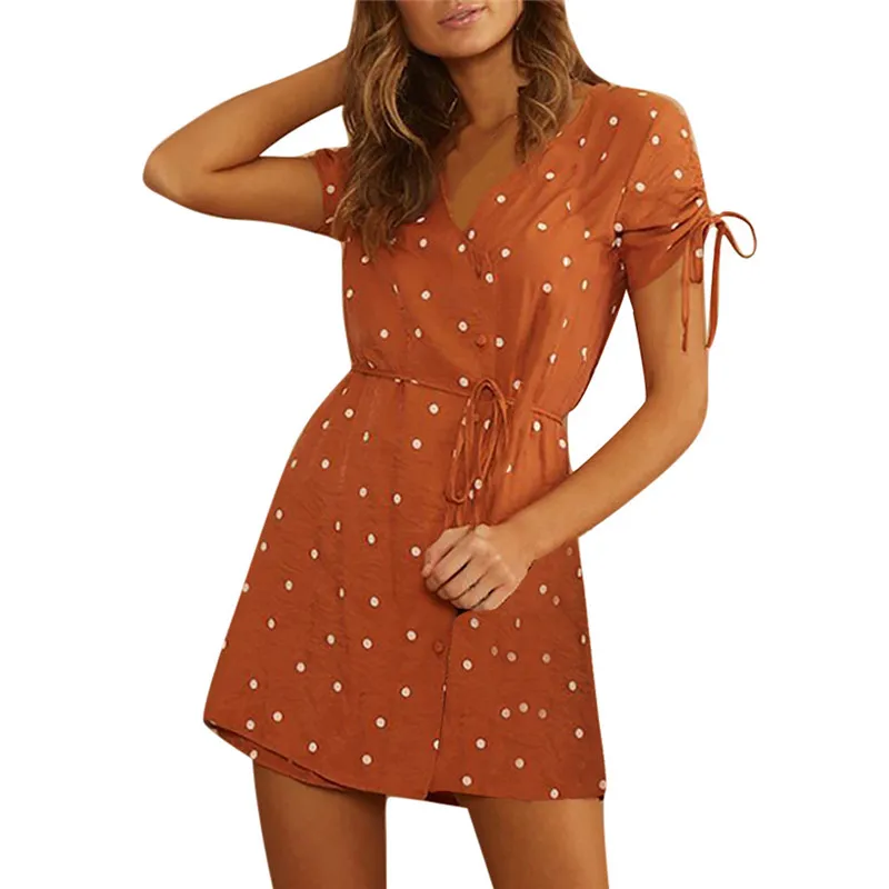 Женское платье в горошек с v образным вырезом свободное короткими рукавами и