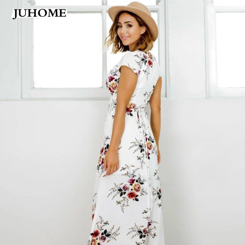 Женское длинное шифоновое платье с разрезом V-образным вырезом и цветочным