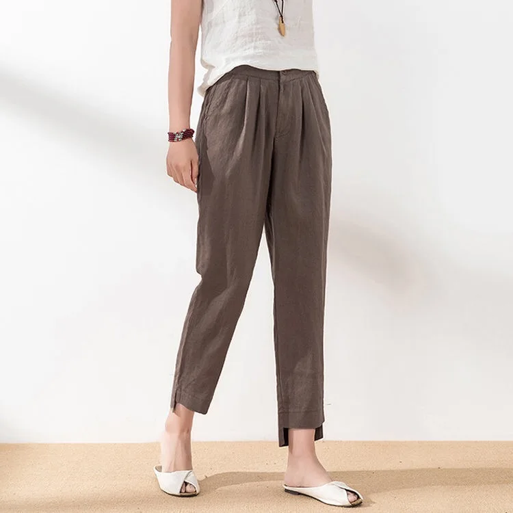 Summer Spring Womens Female White Black Beige Slim Irregular Linen Pants Casual Elastic High Waisted Loose Trousers For Women | Женская
