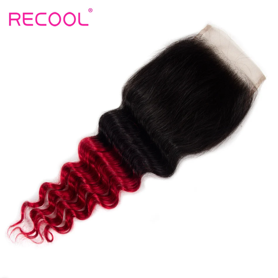 Бразильские волосы Recool с эффектом омбре 3 пучка кружевной застежкой 1B красные