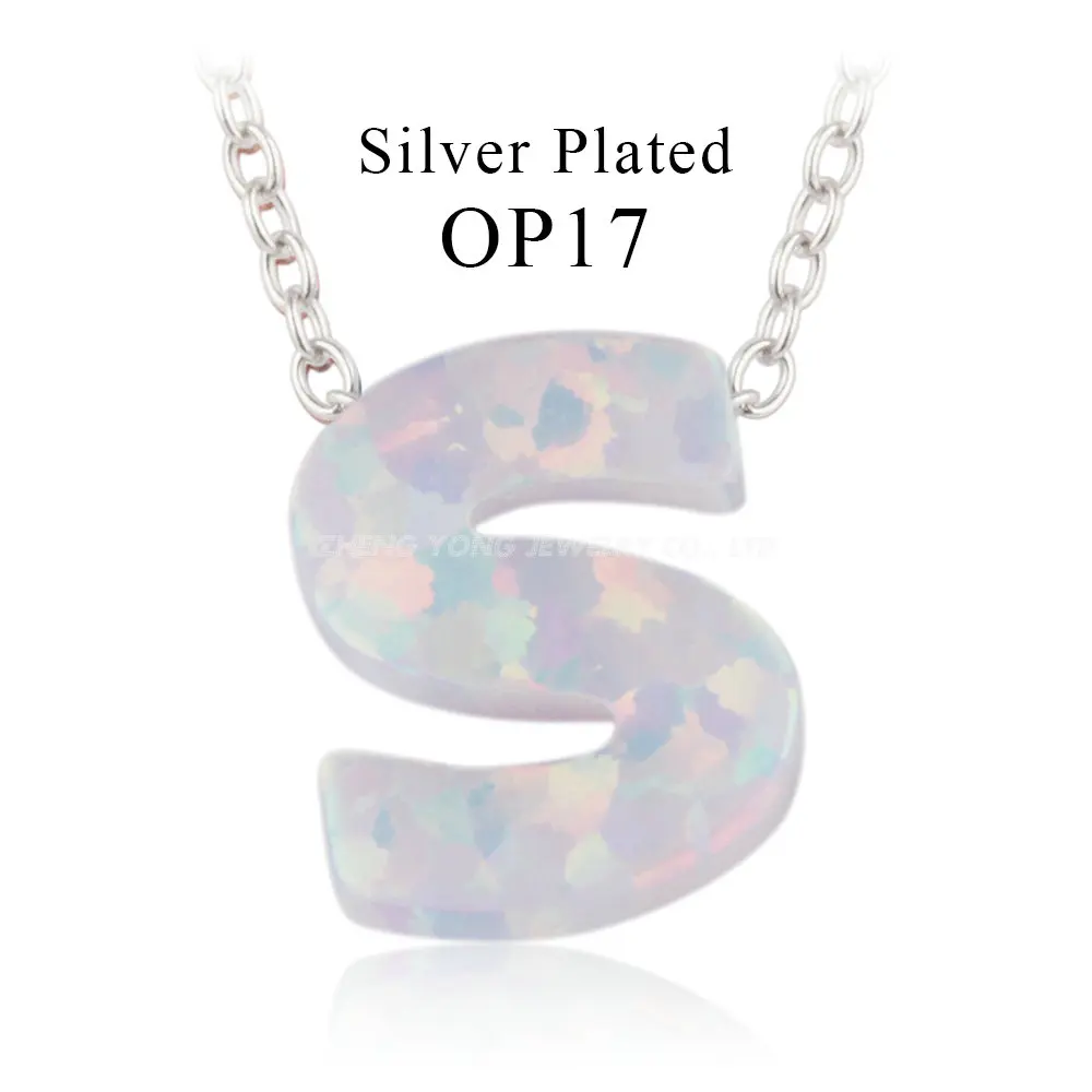 S-Silver plated 1 шт./лот, ожерелье с подвеской в виде снежных и огненных белых опаловых букв, инициалы, синтетический опал, ожерелье с серебряным покрытием - Окраска металла: S-Silver plated