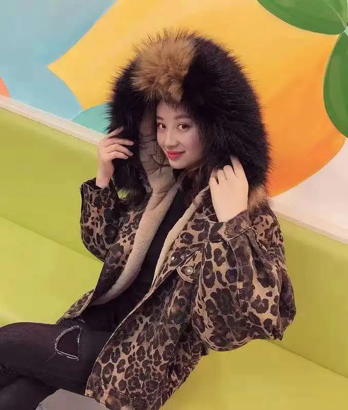 Women Lambs Wool Denim Jacket Female Leopard Thick Winter Cotton-padded Coat