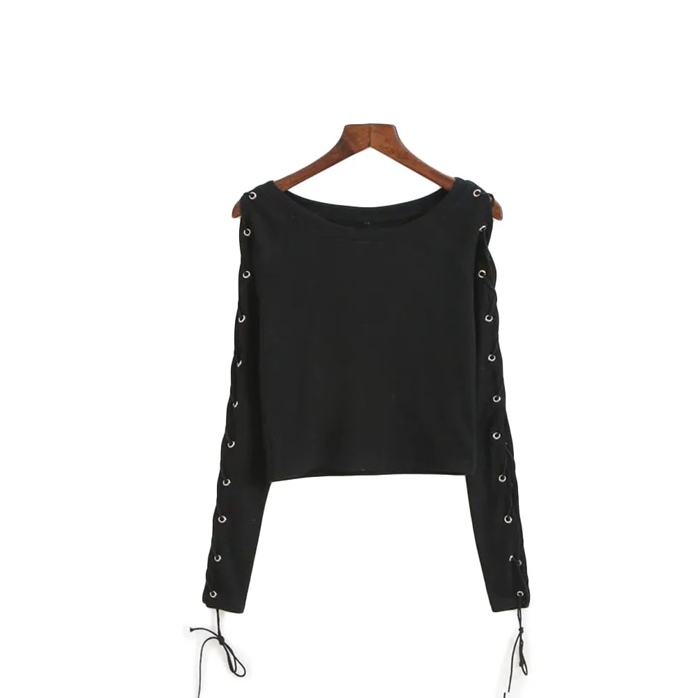 Женская мода Loose Lace up с длинным рукавом Crop Tops Повседневная Блузка трикотаж| |