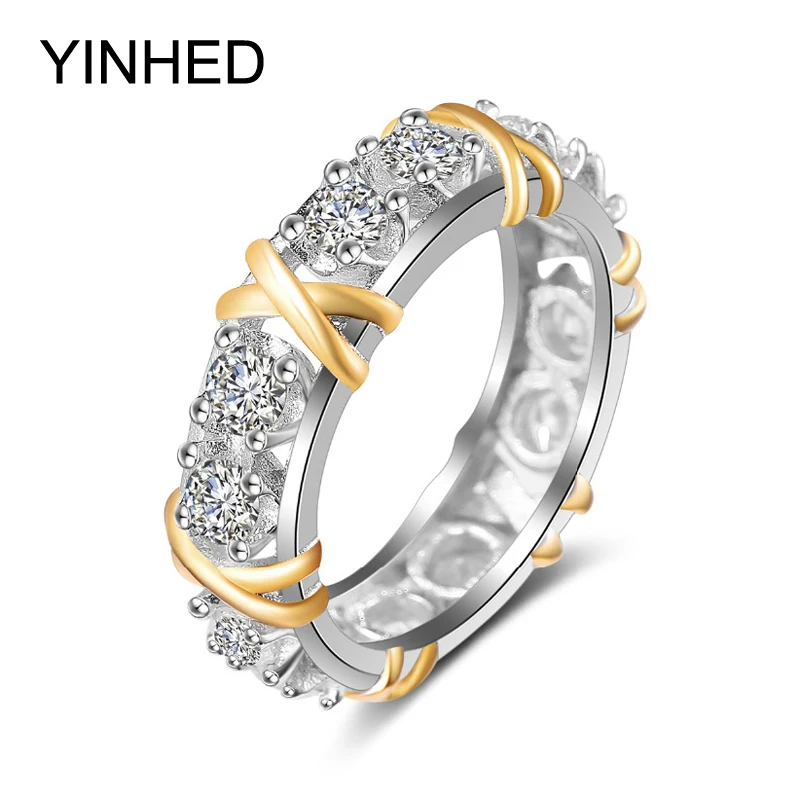 

YINHED 2017 New 925 Sterling Silver Cross Gold Rings Engagement Wedding AAA Cubic Zirconia Jewelry Anniversary Women Gift ZR351