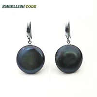 simple hook dangle drop earring baroque coin button flat round shape black natural freshwater pearls special