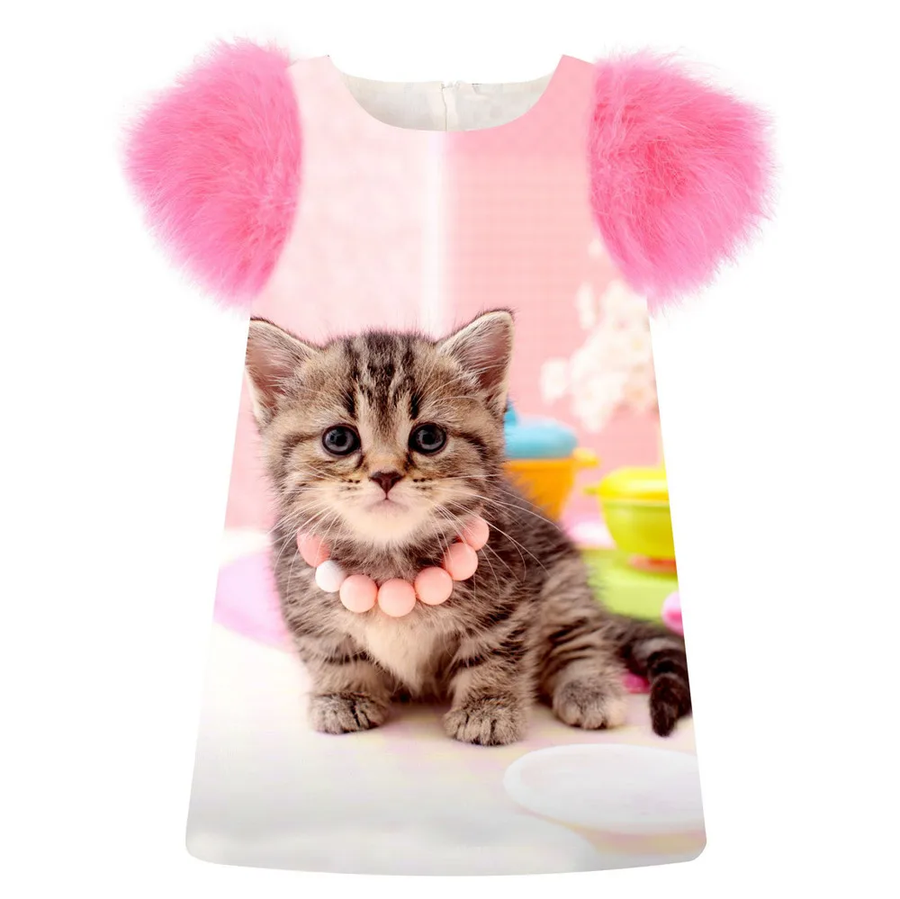 Toddler Girls Dress Birthday party Dresses Spring/Autumn faux fur sleeve Kids Children Clothing baby lovely cat print 2-10Y | Детская