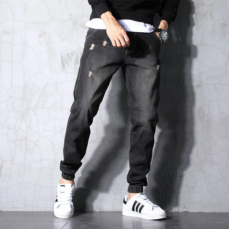 

Fashion Vintage Men Jeans Black Color Ripped Jeans Men Streetwear Slack Bottom Harem Jeans Denim Cargo Pants Hip Hop Joggers