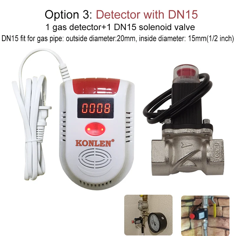 Detector with DN15 Природный газ LPG датчик утечки детектор с электромагнитным клапаном трубопровода Утечки метана цифровой светодиодный сигнал безопасности 12 в беспроводной 433 МГц - Цвет: Detector with DN15