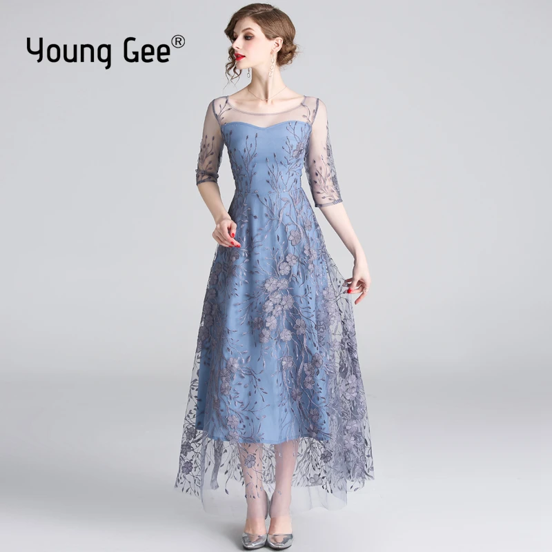 YoungGee 2019 Элегантные Синие Серые платья с кружевной цветочной вышивкой высокого