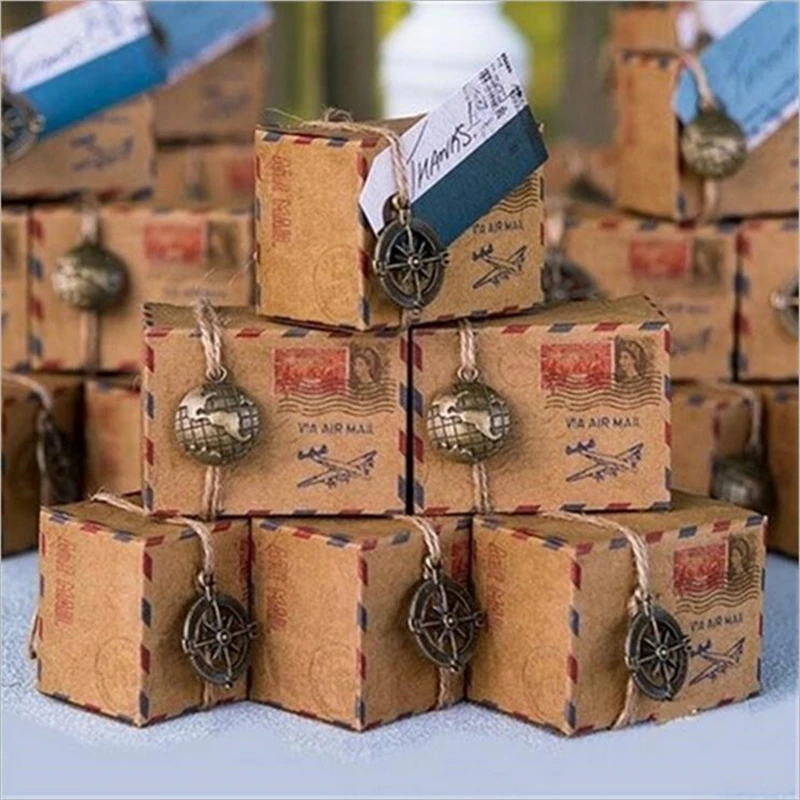 

50Pcs Kraft Wedding Favor Boxes Chocolate Candy Box Baby Shower Wedding Favors And Gifts With Burlap Twine Globe And Compass