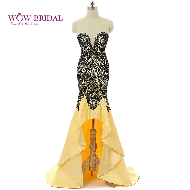 

Wowbridal Noble Women Evening Dress 2021 Strapless Sheer V-Neck Open Back Pattern Embroidered Short Front Long Back Mermaid Gown