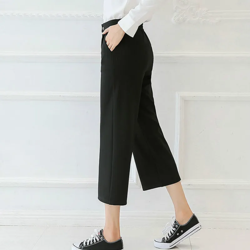 Женские широкие брюки pantalon черные повседневные с высокой талией в Корейском