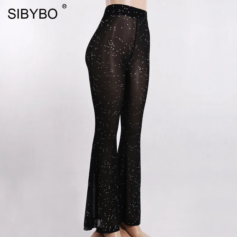Sibybo, сетчатые прозрачные сексуальные штаны с блестками, женские свободные летние брюки с высокой талией, черные пляжные повседневные женские штаны