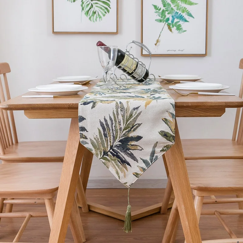Столовые бегуны с зелеными листьями жаккардовый настольный бегун кисточкой