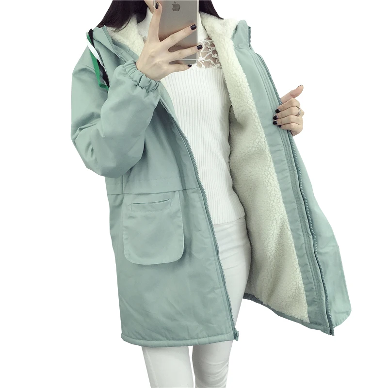 

Winter New Fashion Hooded Parkas Women Thick Warm Faux The Lambs Wool Jackets Zipper Lady Cotton Coat Wide-waisted Outwear Mw065