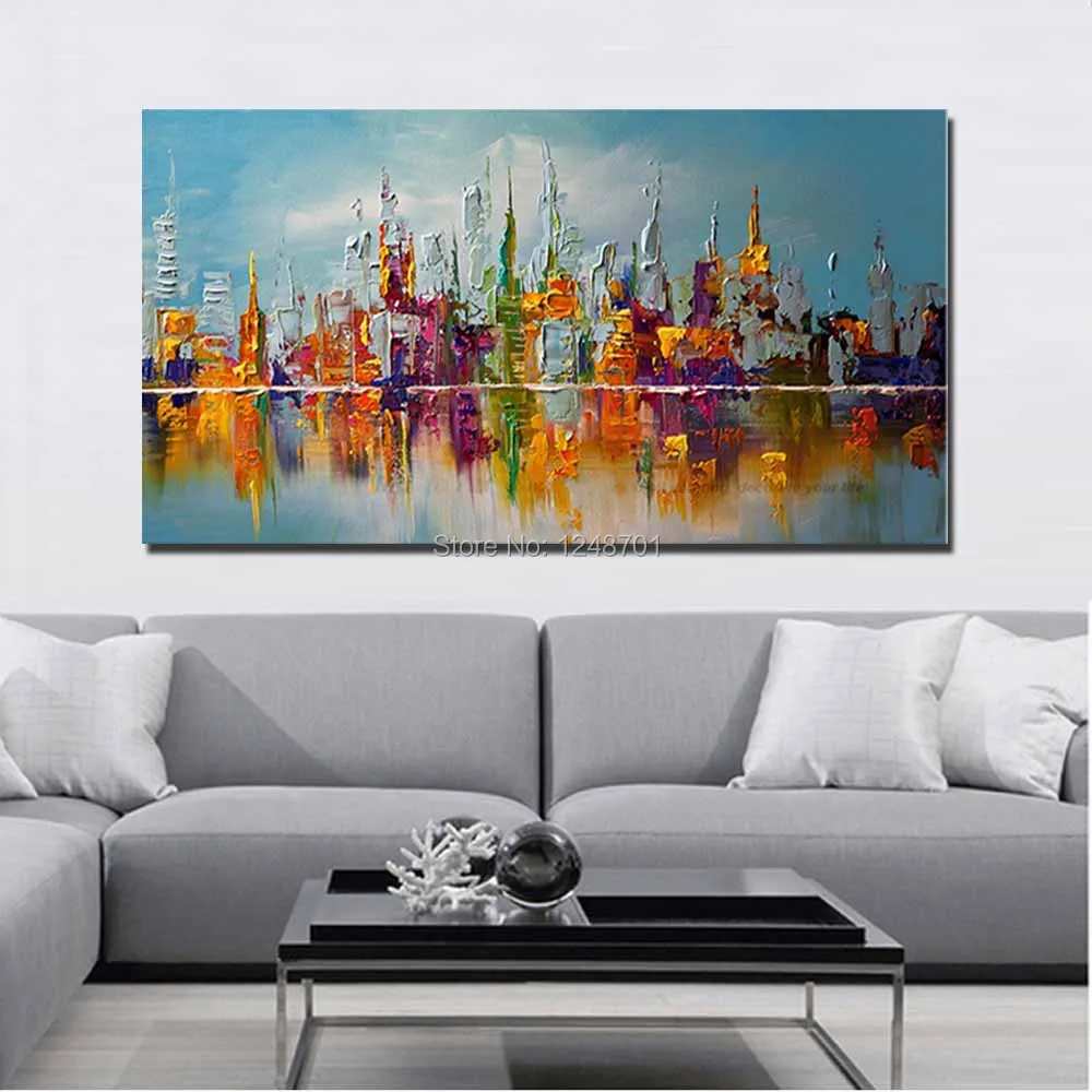 

Hand Painted Impasto Abstract Color Building Canvas Blue Oil Painting Abstract Wall Picture Living Room Bedroom Home Wall Decor