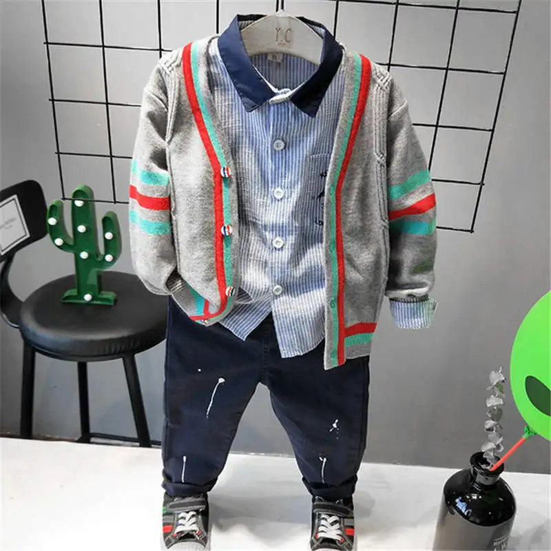 

New Chidren Kids Boys Clothing Set Autumn Winter 3Piece Sets Knit cardigans + shirts + jeans Suits Fall Cotton Baby Boys Clothes