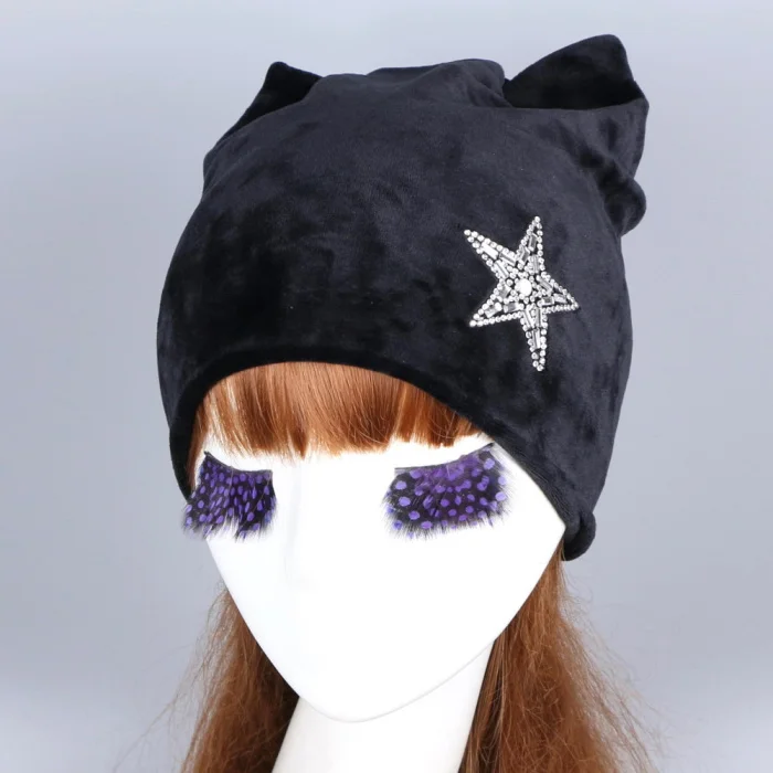 OHCOXOC дизайн женские шапочки Skullies принцесса девушка милая осенне-зимняя шапка с кошачьими ушками блестящая Звезда со стразами - Цвет: ear no crystal