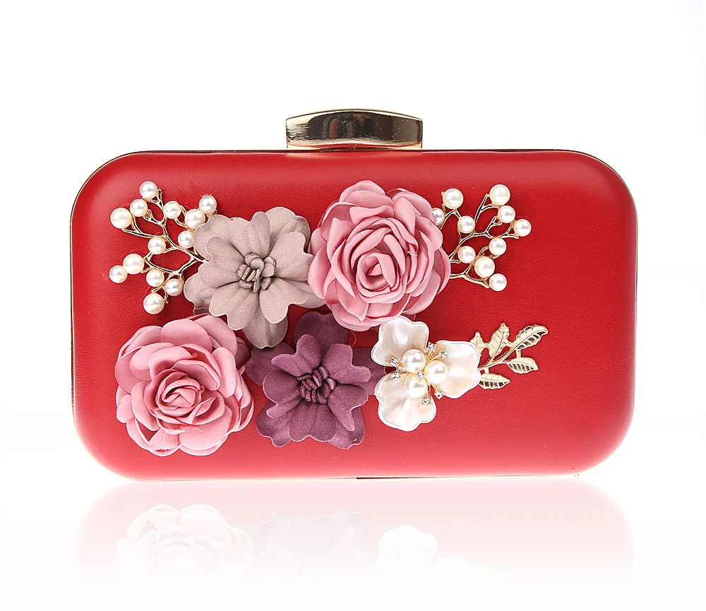 

Fashina Red Women Bag PU Handbag Bridal Wedding Party Evening Bag Clutch Purse Makeup Bag Two Chain Flowers 03944-B