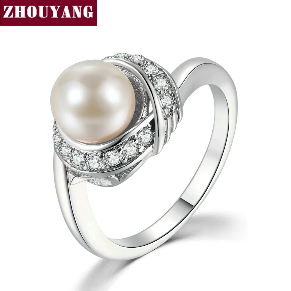 ZHOUYANG, обручальные кольца для женщин, простой искусственный жемчуг, кубический цирконий, серебряный цвет, обручение, подарок, модное ювелирное изделие R670 R676