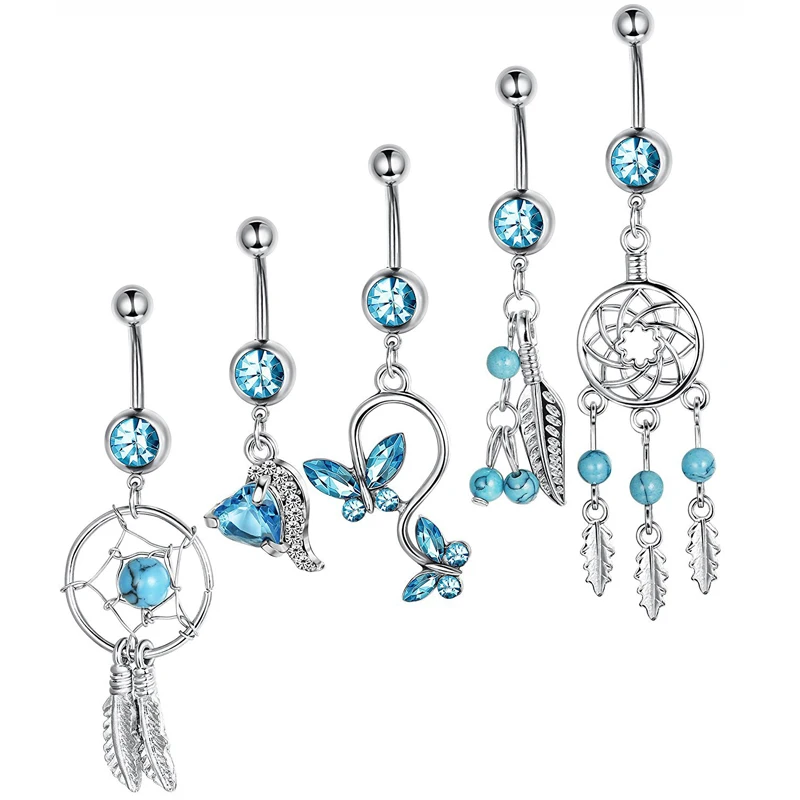 

5PCS Bohemian Piercing Navel Turquoises Crystal Dangle Stainless Steel Dream Catcher Belly Button Ring navel piercing jewelry